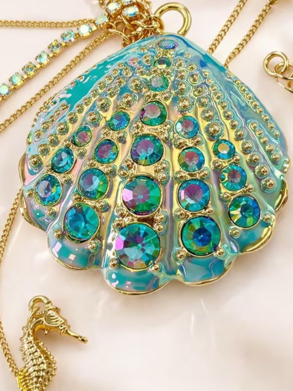Betsey Johnson Gold-Tone Iridescent Blue Shell Charm Necklace - Picture 12 of 16